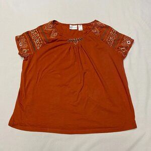 Alfred Dunner Beaded Embroidered Shirt Women XL Dark Orange Regal Boho Aztec